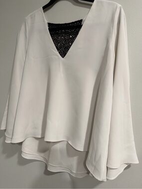 cooper & ella White Layered V-Neck Blouse with Black Lace Inset